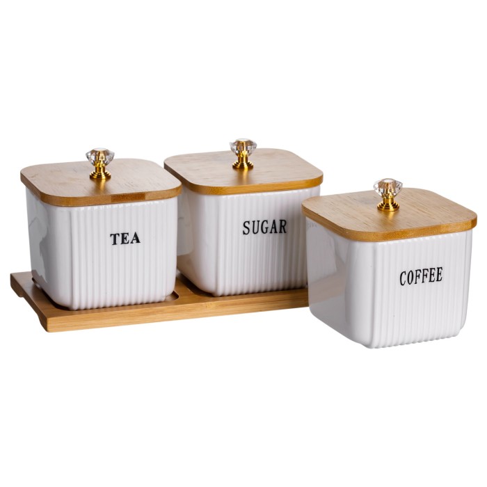 Набір порцелянових квадратних банок для сипучіх на підставці 3 шт. по 350 (мл) для чаю кави цукру SCT-643 (75663)