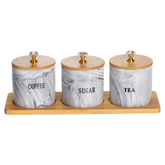 Набір порцелянових банок для сипучіх на підставці 3 шт. по 250 (мл) для чаю кави цукру Сірий SCT-664 (44435)