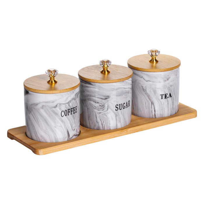Набір порцелянових банок для сипучіх на підставці 3 шт. по 250 (мл) для чаю кави цукру Сірий SCT-664 (44435)