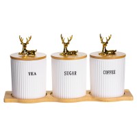 Набір порцелянових банок для сипучіх на бамбуковій підставці 3 шт. по 400 мл для чаю кави цукру SCT-652 (21822)