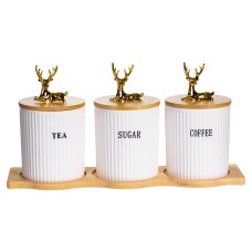 Набір порцелянових банок для сипучіх на бамбуковій підставці 3 шт. по 400 мл для чаю кави цукру SCT-652 (21822)