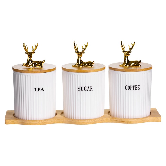Набір порцелянових банок для сипучіх на бамбуковій підставці 3 шт. по 400 мл для чаю кави цукру SCT-652 (21822)