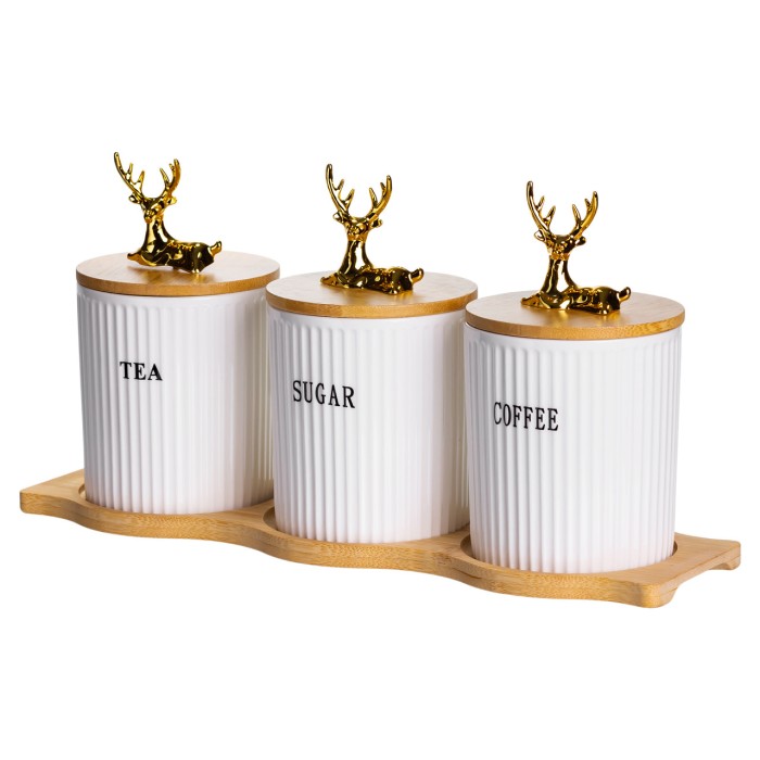 Набір порцелянових банок для сипучіх на бамбуковій підставці 3 шт. по 400 мл для чаю кави цукру SCT-652 (21822)