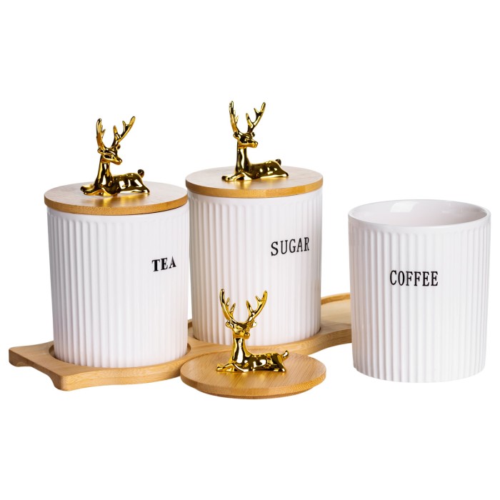 Набір порцелянових банок для сипучіх на бамбуковій підставці 3 шт. по 400 мл для чаю кави цукру SCT-652 (21822)