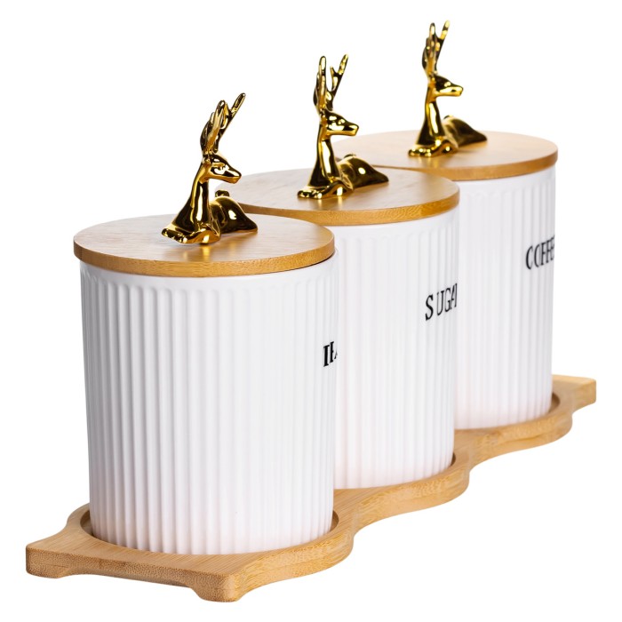 Набір порцелянових банок для сипучіх на бамбуковій підставці 3 шт. по 400 мл для чаю кави цукру SCT-652 (21822)