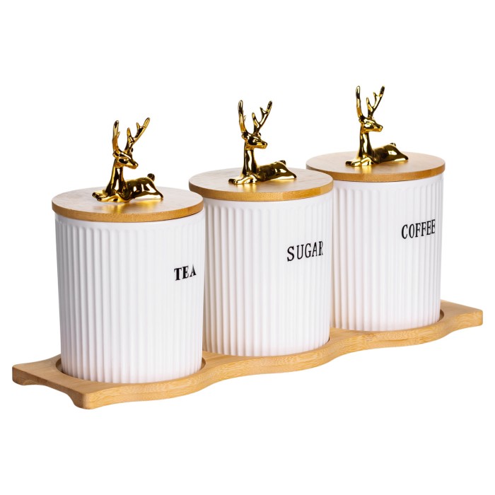 Набір порцелянових банок для сипучіх на бамбуковій підставці 3 шт. по 400 мл для чаю кави цукру SCT-652 (21822)