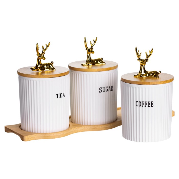 Набір порцелянових банок для сипучіх на бамбуковій підставці 3 шт. по 400 мл для чаю кави цукру SCT-652 (21822)