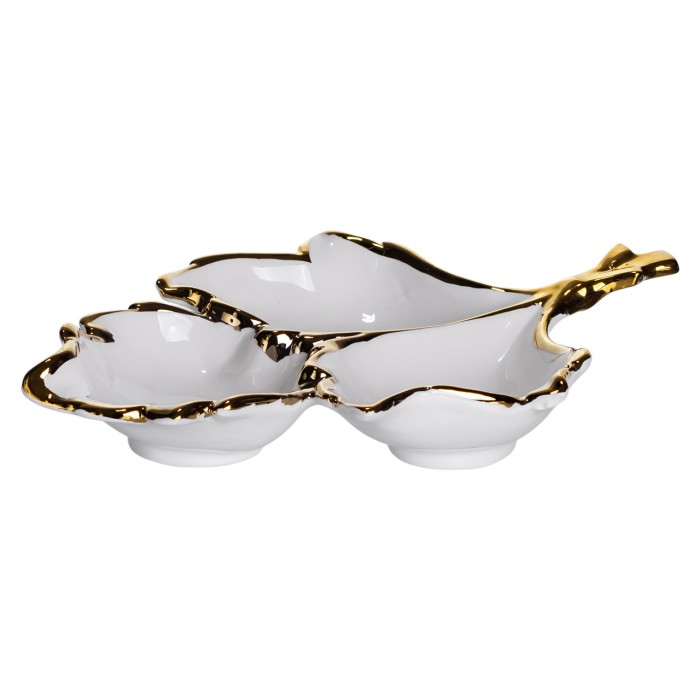Менажниця порцелянова на 3 секції для закусок 27×19.5×4 (см) тарілка менажниця Білий із золотом ZBSY-12 (34220)