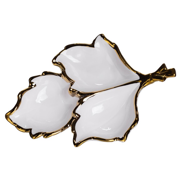 Менажниця порцелянова на 3 секції для закусок 27×19.5×4 (см) тарілка менажниця Білий із золотом ZBSY-12 (34220)