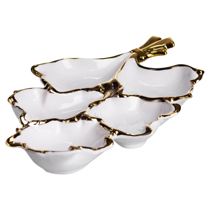 Менажниця порцелянова на 5 секцій для закусок 37.5×22.5×5 (см) тарілка менажниця Білий із золотом ZBSY-15.5 (69071)