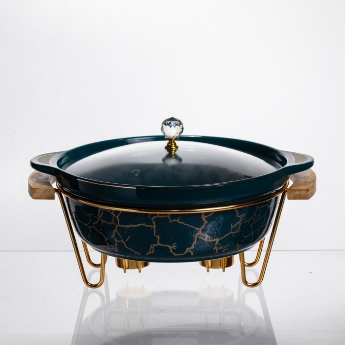 Марміт порцеляновий настільний круглий 2 (л) мармітниця з підігрівом Зелений мармур LC-715 (19602)