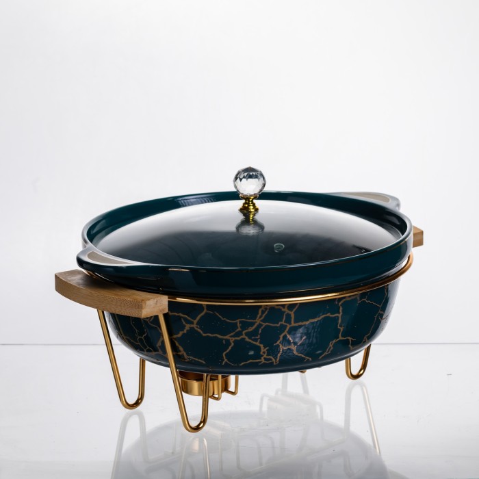 Марміт порцеляновий настільний круглий 2 (л) мармітниця з підігрівом Зелений мармур LC-715 (19602)