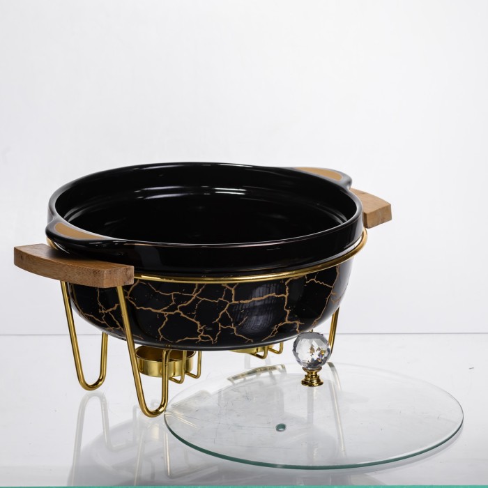 Марміт порцеляновий настільний круглий 1.3 (л) мармітниця з підігрівом Чорний мармур LC-717 (11374)