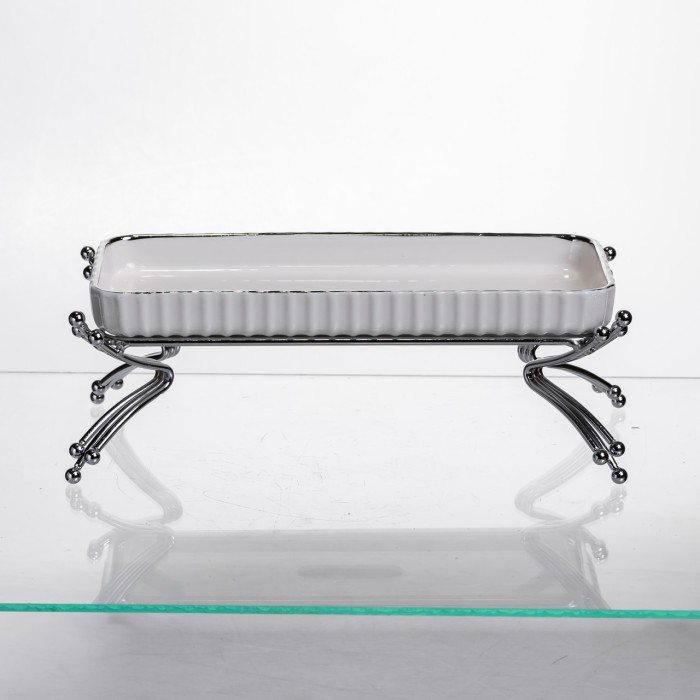 Порцелянове блюдо для сервірування на металевій підставці 37×18×5 (см) блюдо для подачі закусок Білий зі сріблом LB-1566S (23554)