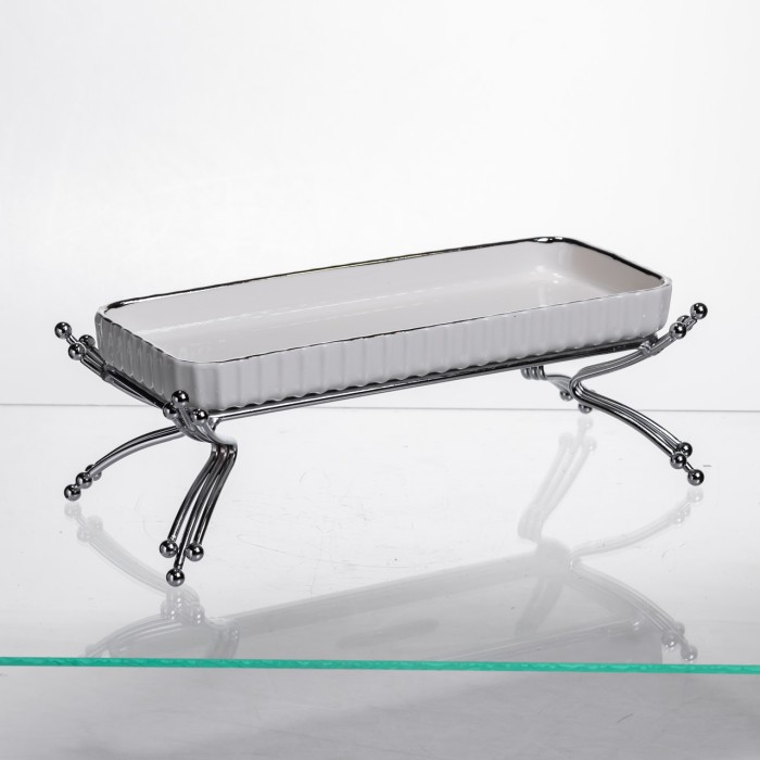 Порцелянове блюдо для сервірування на металевій підставці 37×18×5 (см) блюдо для подачі закусок Білий зі сріблом LB-1566S (23554)