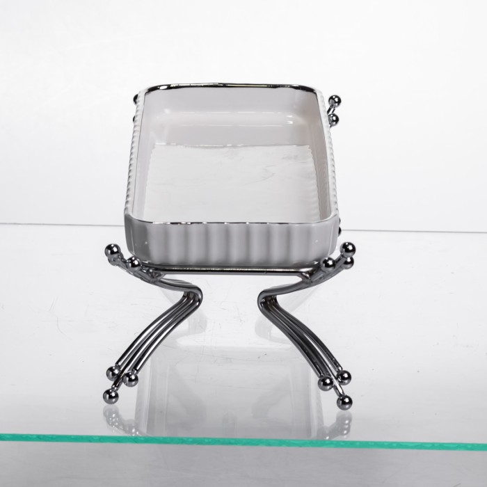 Порцелянове блюдо для сервірування на металевій підставці 37×18×5 (см) блюдо для подачі закусок Білий зі сріблом LB-1566S (23554)