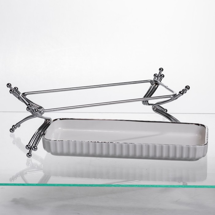 Порцелянове блюдо для сервірування на металевій підставці 37×18×5 (см) блюдо для подачі закусок Білий зі сріблом LB-1566S (23554)