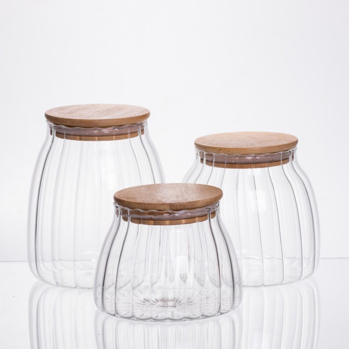 Набір банок для сипучих продуктів скляні з бамбуковими кришками 3 штуки 0.5/0.8/1 л 64486-56 (61453)
