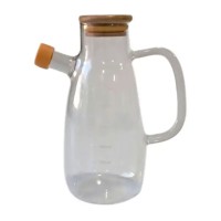 Скляна пляшка для олії та оцту з носиком і дозатором 650 мл, кришка з дерева, квадратна ручка HP-34-1-650 (87107)