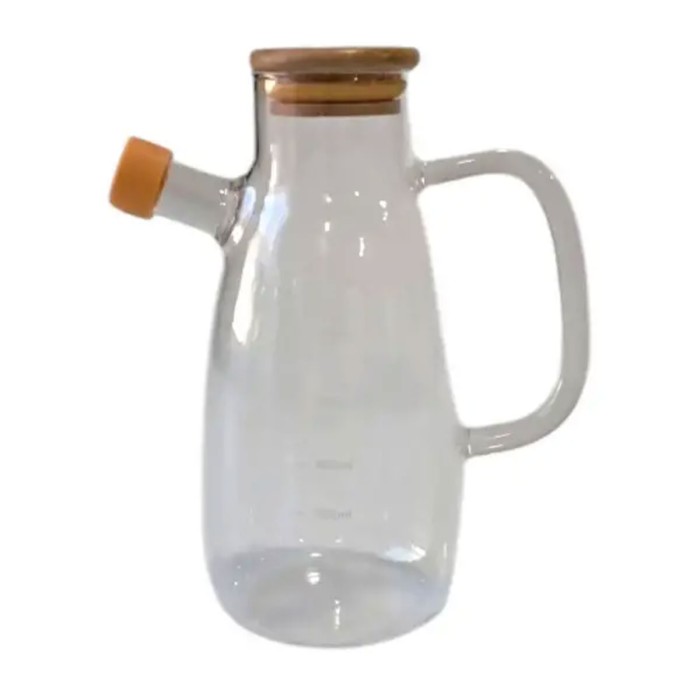 Скляна пляшка для олії та оцту з носиком і дозатором 650 мл, кришка з дерева, квадратна ручка HP-34-1-650 (87107)