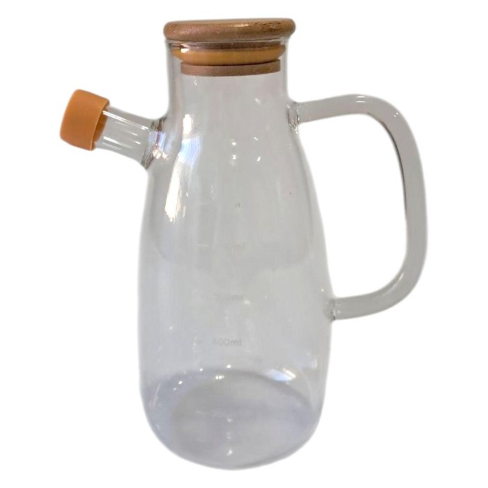 Скляна пляшка для олії та оцту з носиком і дозатором 650 мл, кришка з дерева, квадратна ручка HP-34-1-650 (87107)