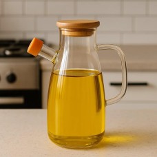 Скляна пляшка для олії та оцту з носиком і дозатором 650 мл, кришка з дерева, квадратна ручка HP-34-1-650 (87107)