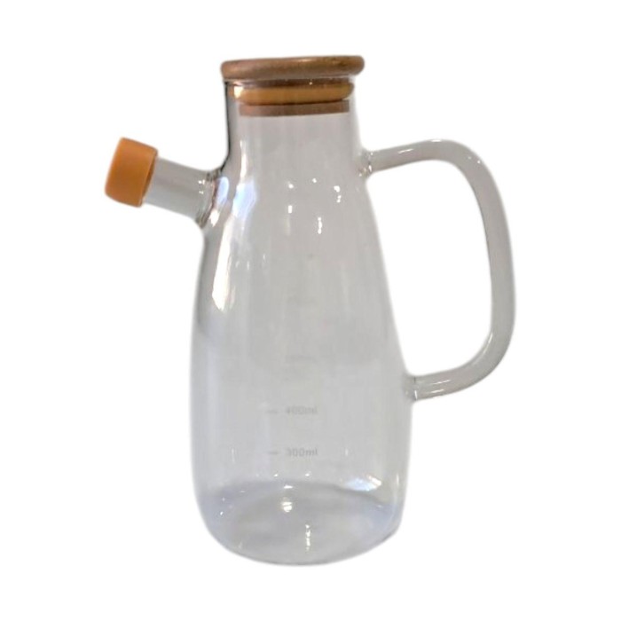 Скляна пляшка для олії та оцту з носиком і дозатором 650 мл, кришка з дерева, квадратна ручка HP-34-1-650 (87107)