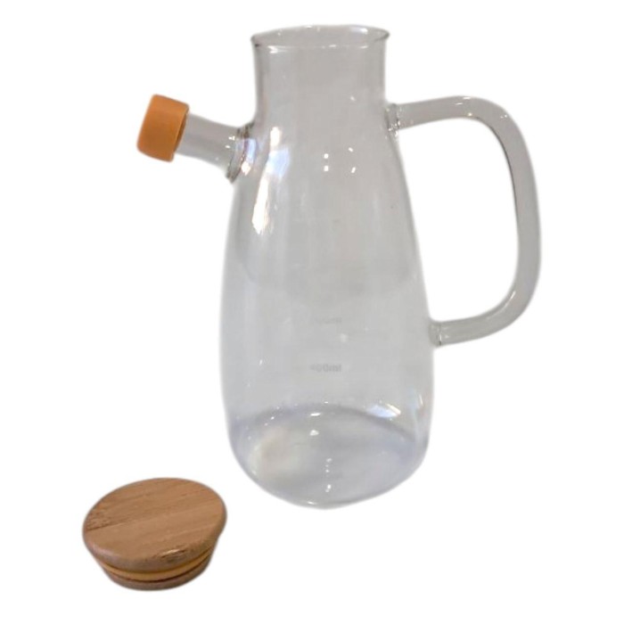 Скляна пляшка для олії та оцту з носиком і дозатором 650 мл, кришка з дерева, квадратна ручка HP-34-1-650 (87107)