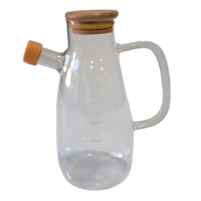 Скляна пляшка для олії та оцту з носиком і дозатором 650 мл, кришка з дерева, квадратна ручка HP-34-1-650 (87107)