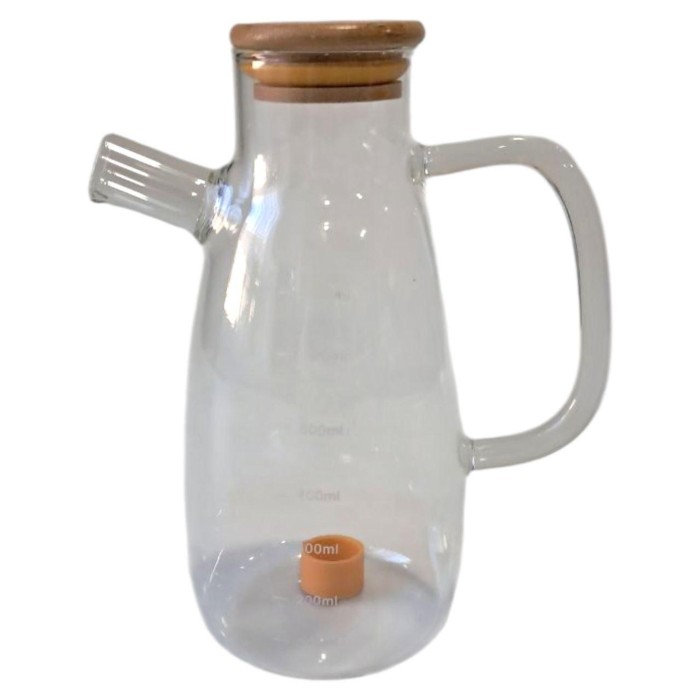 Скляна пляшка для олії та оцту з носиком і дозатором 650 мл, кришка з дерева, квадратна ручка HP-34-1-650 (87107)