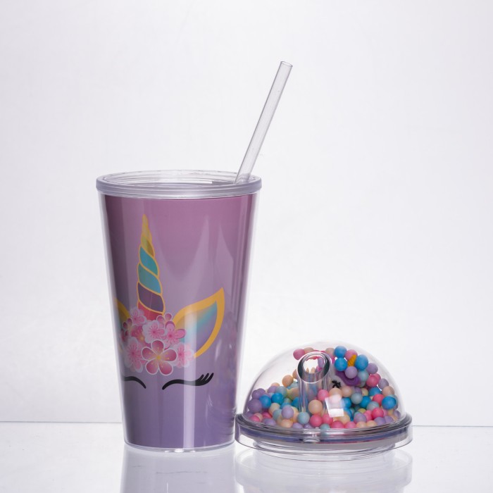 пластикова склянка з трубочкою та кришкою 400 (мл) багаторазова пластикова склянка Фіолетовий HP-18-2V (33372)