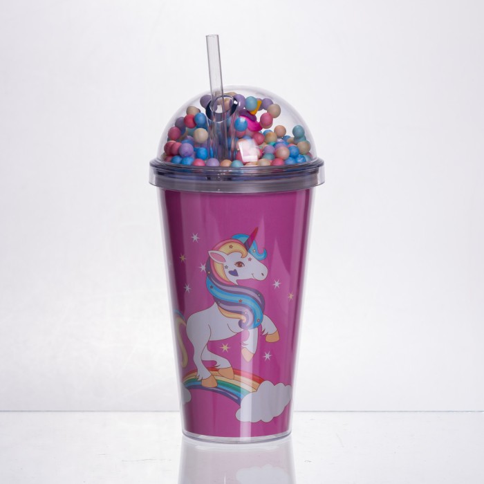 пластикова склянка з трубочкою та кришкою 400 (мл) багаторазова пластикова склянка Малиновий HP-18-2P (61520)