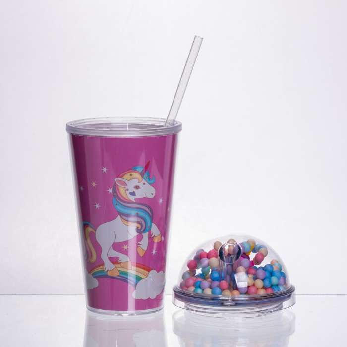 пластикова склянка з трубочкою та кришкою 400 (мл) багаторазова пластикова склянка Малиновий HP-18-2P (61520)