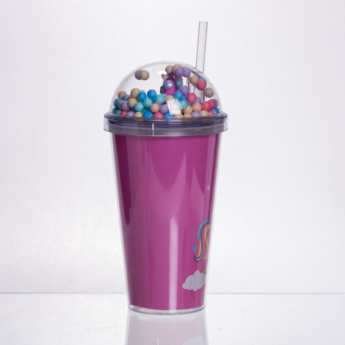 пластикова склянка з трубочкою та кришкою 400 (мл) багаторазова пластикова склянка Малиновий HP-18-2P (61520)