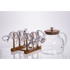 Чайний сервіз із товстого скла 8 предметів з бамбуковою підставкою для чашок 64486-23 (77229)