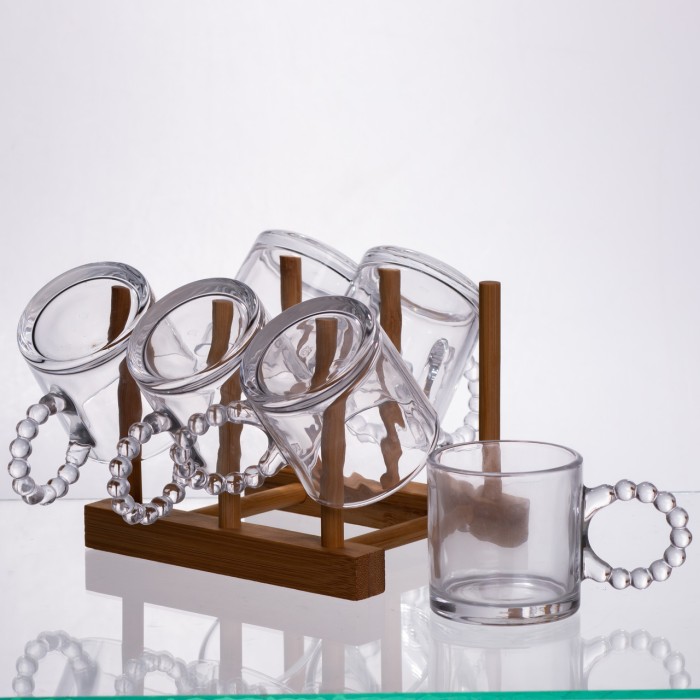 Чайний сервіз із товстого скла 8 предметів з бамбуковою підставкою для чашок 64486-23 (77229)