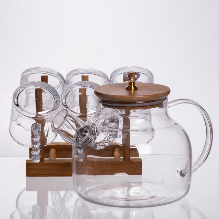 Чайний сервіз із товстого скла 8 предметів з бамбуковою підставкою для чашок 64486-23 (77229)