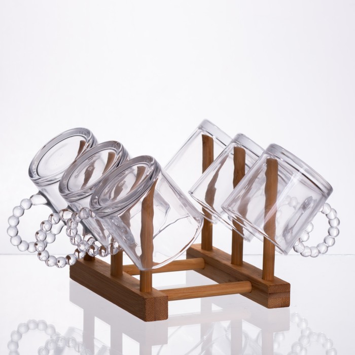 Чайний сервіз із товстого скла 8 предметів з бамбуковою підставкою для чашок 64486-23 (77229)