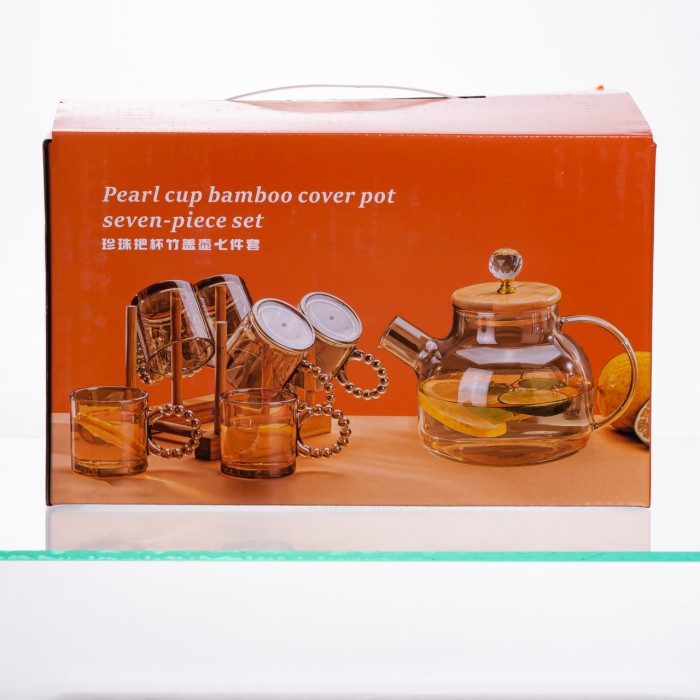 Чайний сервіз із товстого скла 8 предметів з бамбуковою підставкою для чашок 64486-23 (77229)