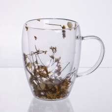 Чашка скляна з подвійними стінками, склянка з термостійкого скла з декором жовтих сухоцвітів 350 мл 64486-43 (38492)