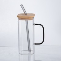 Чашка скляна 400 мл з бамбуковою кришкою та скляною трубочкою HP-19-146 (20802)