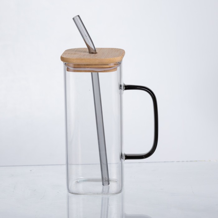 Чашка скляна 400 мл з бамбуковою кришкою та скляною трубочкою HP-19-146 (20802)