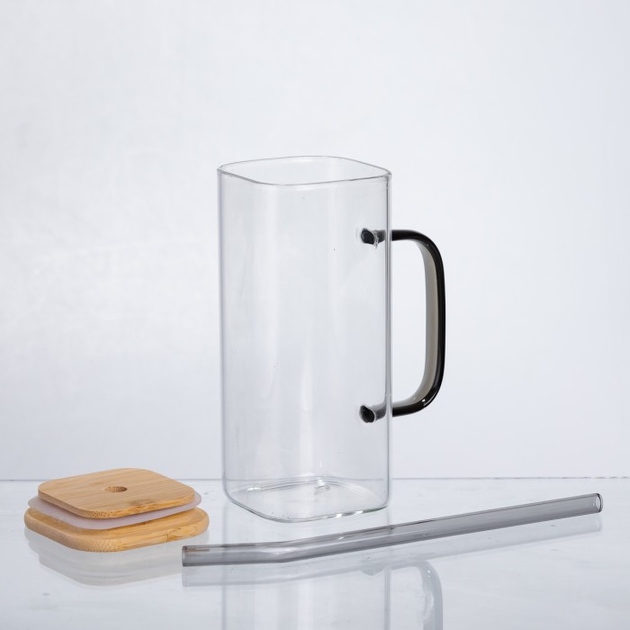 Чашка скляна 400 мл з бамбуковою кришкою та скляною трубочкою HP-19-146 (20802)