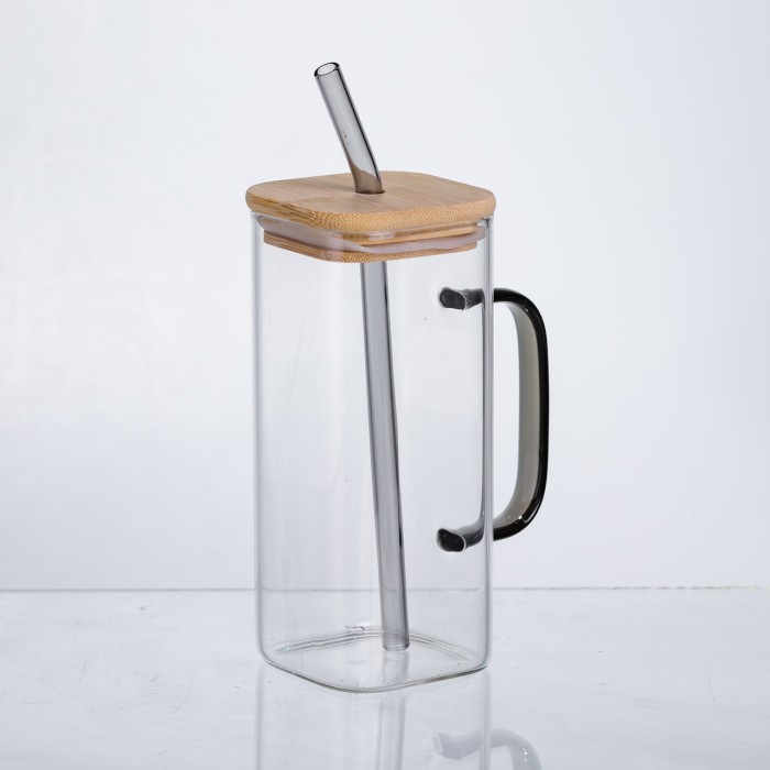 Чашка скляна 400 мл з бамбуковою кришкою та скляною трубочкою HP-19-146 (20802)