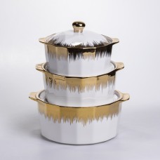 Набір супниць порцелянових 3 (шт) 1.5/2/3 (л)  каструлі бульйонниці з кришкою та ручками для дому та ресторану з позолотою ML-T26-3 (33675)