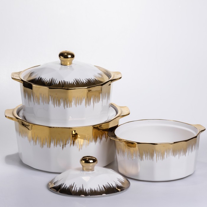 Набір супниць порцелянових 3 (шт) 1.5/2/3 (л) каструлі бульйонниці з кришкою та ручками для дому та ресторану з позолотою ML-T26-3 (33675)