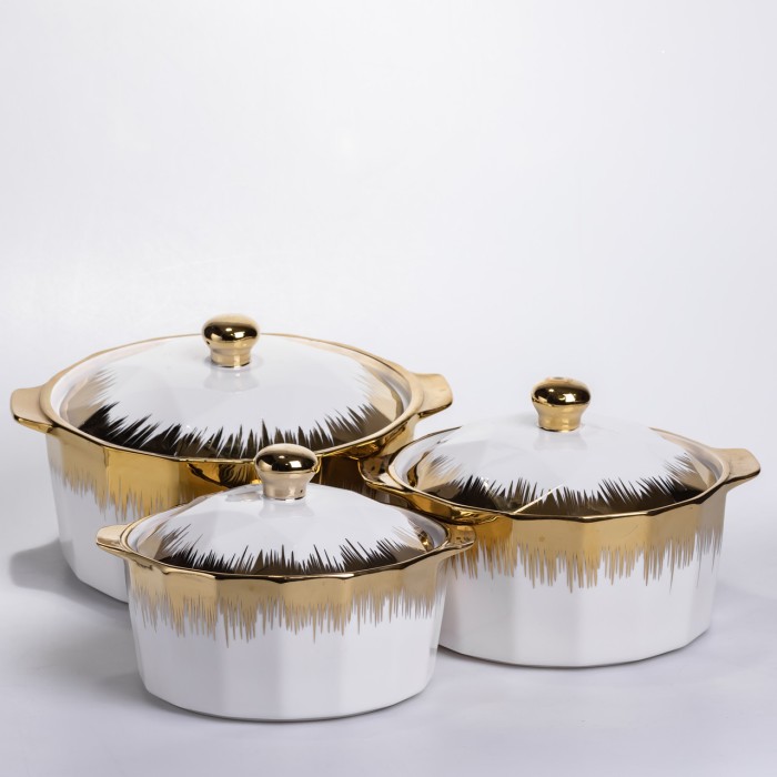 Набір супниць порцелянових 3 (шт) 1.5/2/3 (л) каструлі бульйонниці з кришкою та ручками для дому та ресторану з позолотою ML-T26-3 (33675)