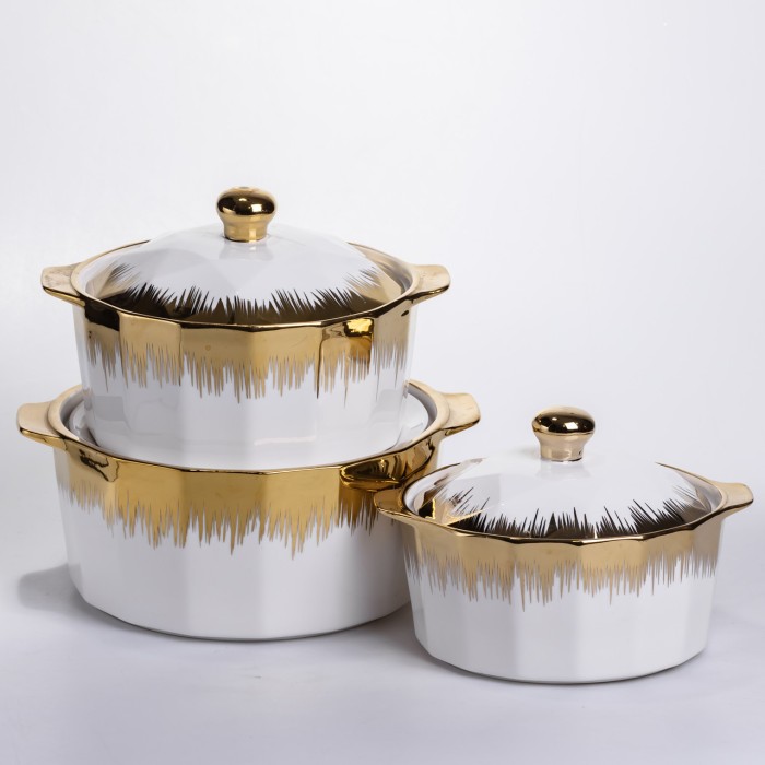 Набір супниць порцелянових 3 (шт) 1.5/2/3 (л) каструлі бульйонниці з кришкою та ручками для дому та ресторану з позолотою ML-T26-3 (33675)