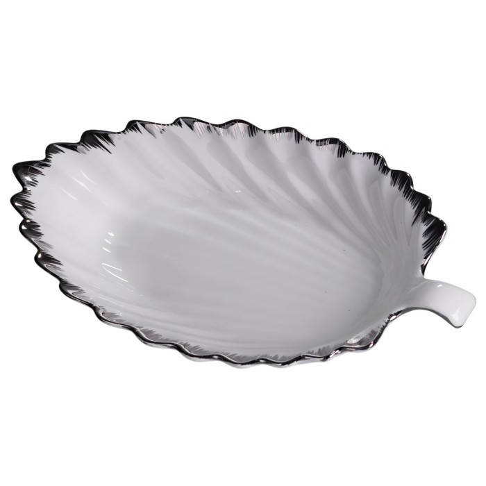 Порцелянова страва для сервірування стола у формі листя 37×18×5 (см) блюдо для подавання закусок Білий зі сріблом 2552-1S (10346)