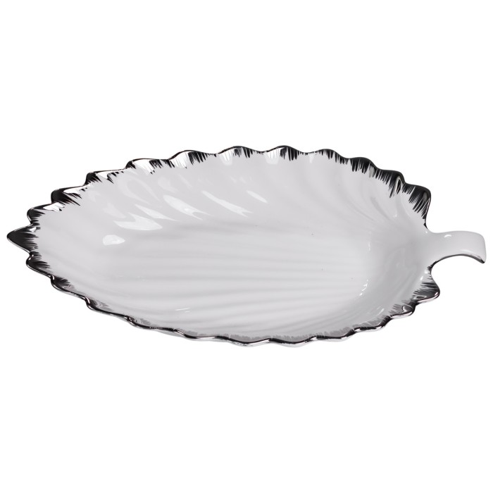 Порцелянова страва для сервірування стола у формі листя 37×18×5 (см) блюдо для подавання закусок Білий зі сріблом 2552-1S (10346)